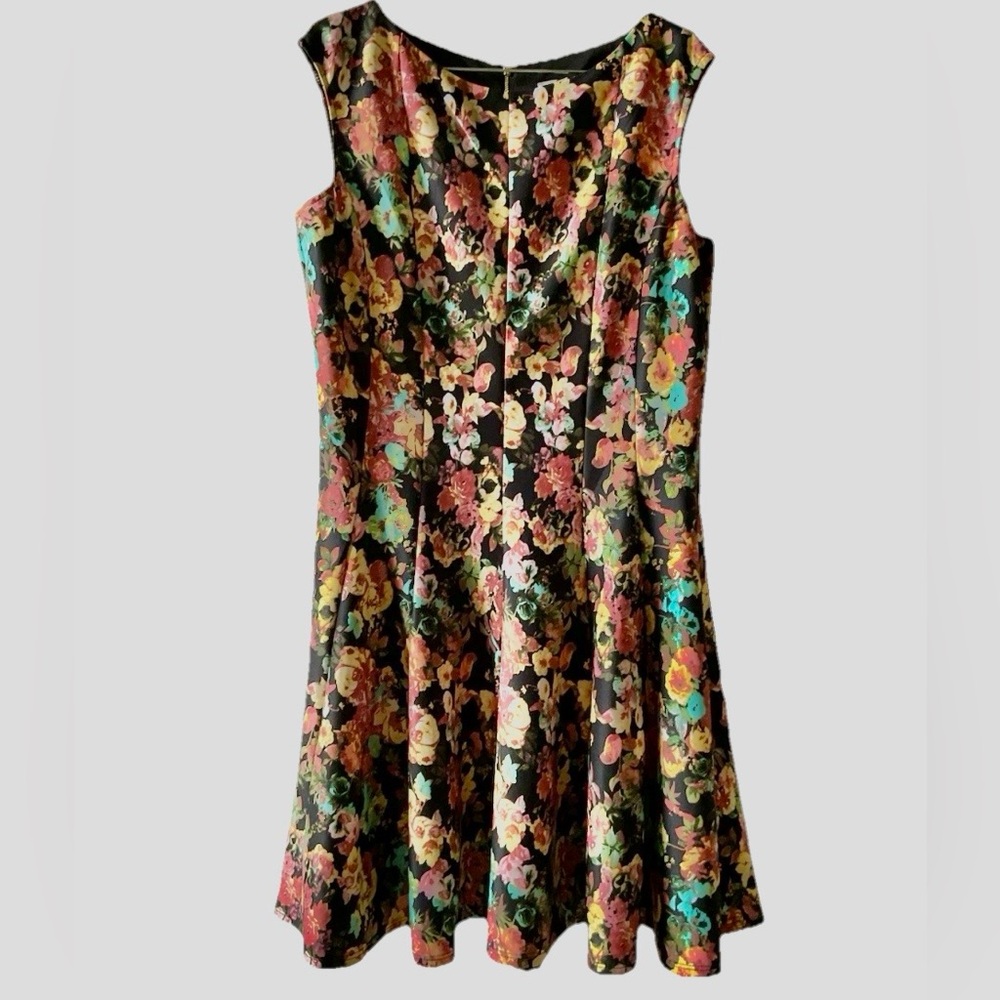 Julian Taylor Black/Pink Floral Fit and Flare Sleeveless Dress Size 14